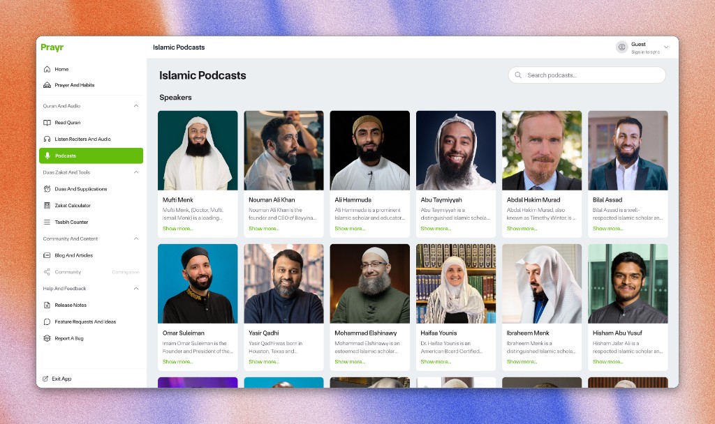 Prayr Qur'an section: podcasts, reciters, and navigation