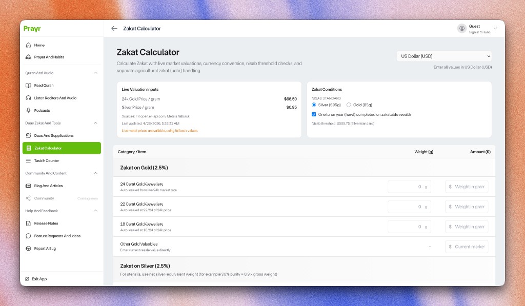 Zakat calculator and tools in Prayr: metals, balances, liabilities